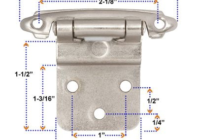 Metal hinge with detailed measurements for screw placement and overall dimensions.