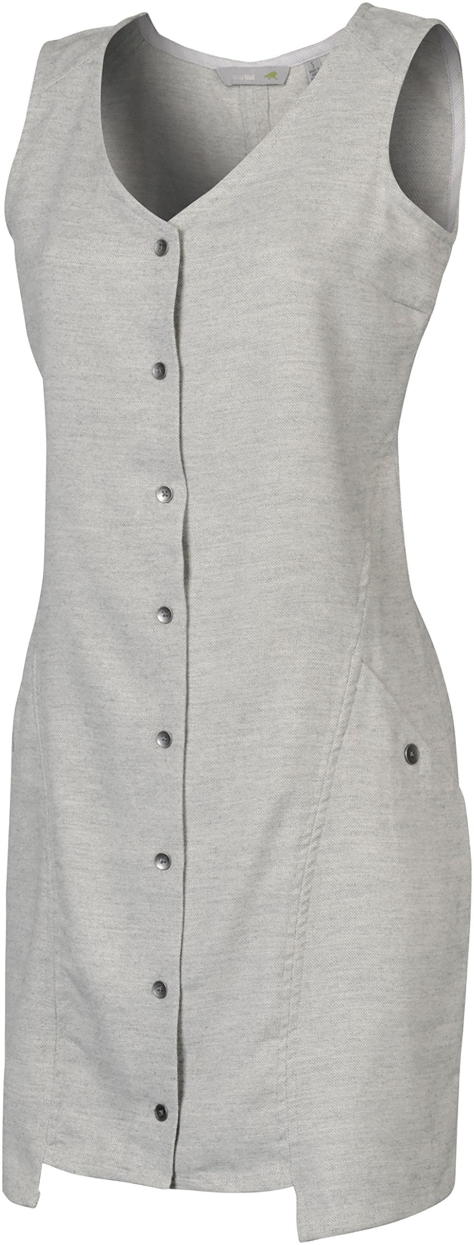 Sleeveless gray dress with front buttons and side pockets, featuring a V-neck design.