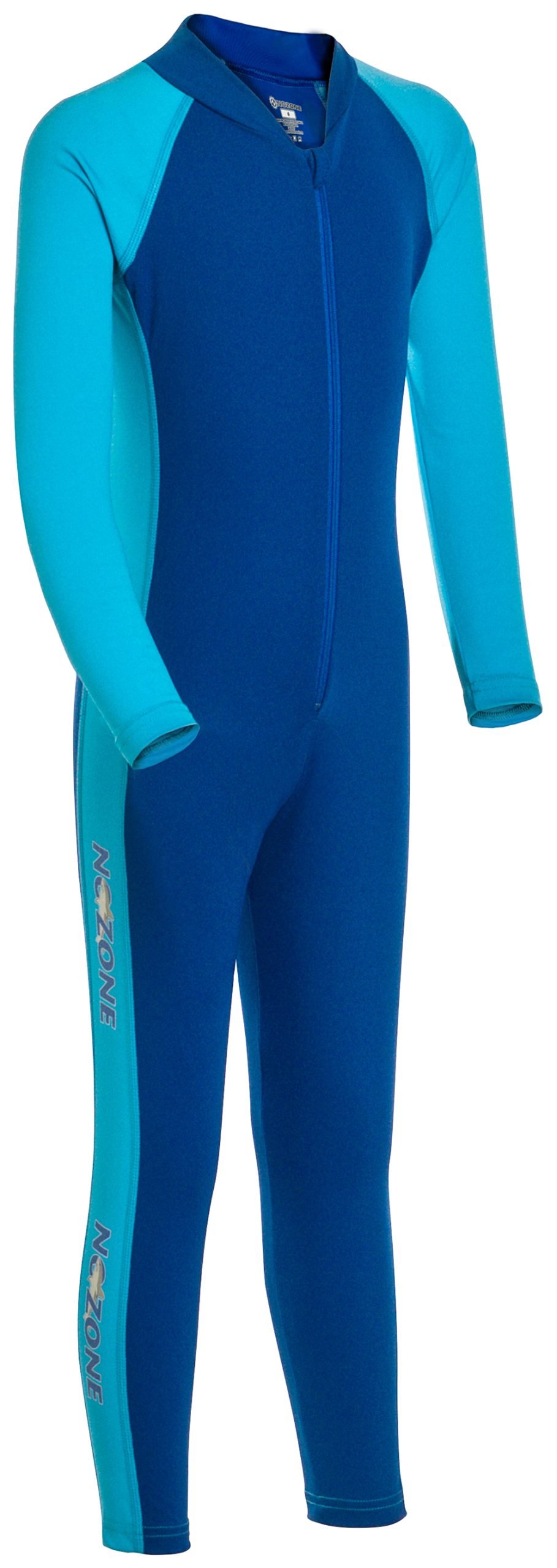 A blue and teal full-body wetsuit with a front zipper and "NZONE" text on the leg.